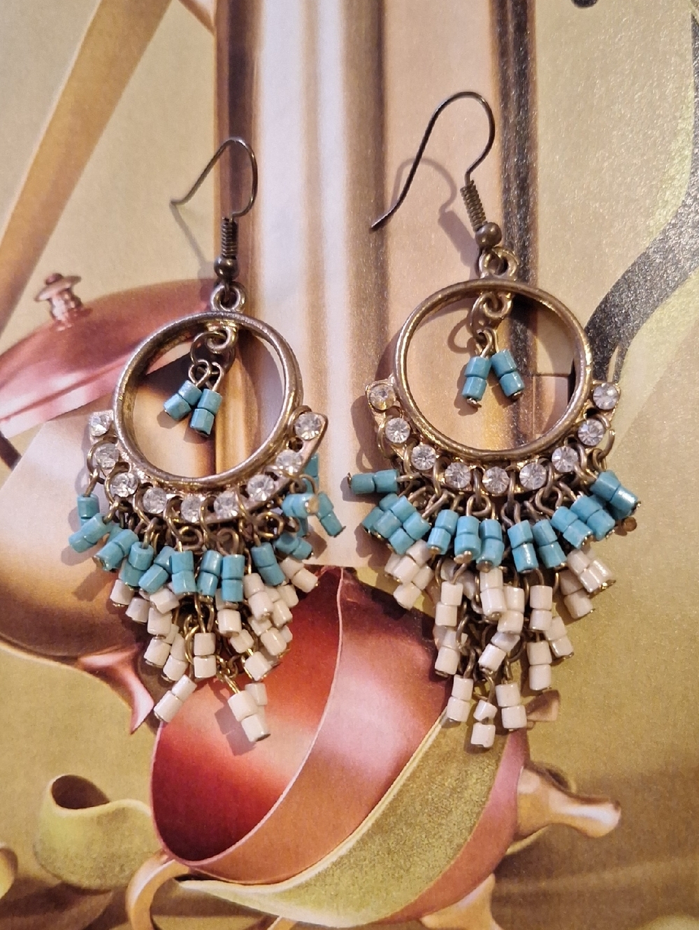 Boho Turquoise & White Beaded Hoop Dangle Earrings